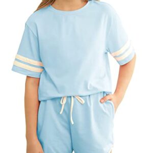 simtuor Girls Summer 2 Piece Outfit Crew Neck Striped Tops Elastic Waist Short Sets with Pockets Blue 6-18 Years