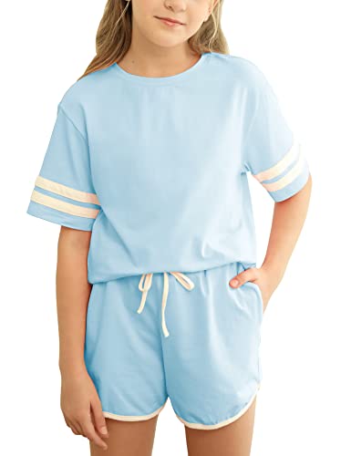 simtuor Girls Summer 2 Piece Outfit Crew Neck Striped Tops Elastic Waist Short Sets with Pockets Blue 6-18 Years