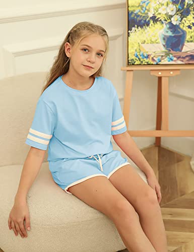 simtuor Girls Summer 2 Piece Outfit Crew Neck Striped Tops Elastic Waist Short Sets with Pockets Blue 6-18 Years