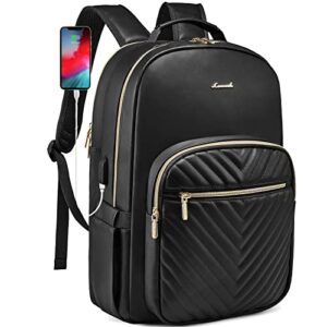 lovevook laptop backpack for women, leather business work backpack purse, fashion travel bag with usb charging port, waterproof professor bagpack, 15.6 inch weekend daypack, black