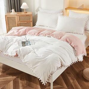 Bedbay Queen Duvet Cover Set Pink Bedding for Teen Girls Aesthetic Bedding Set Ball Pom Fringe Design 3pcs Ultra Soft Microfiber Duvet Cover Set(White&Pink,Queen)