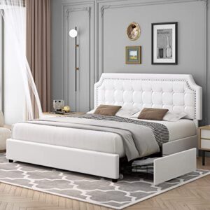 keyluv upholstered queen bed frame with 4 storage drawers, platform bed with curved button tufted headboard with nailhead trim, solid wooden slats support, no box spring needed, off white