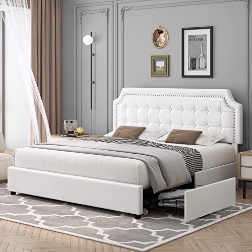 Keyluv Upholstered Queen Bed Frame with 4 Storage Drawers, Platform Bed with Curved Button Tufted Headboard with Nailhead Trim, Solid Wooden Slats Support, No Box Spring Needed, Off White