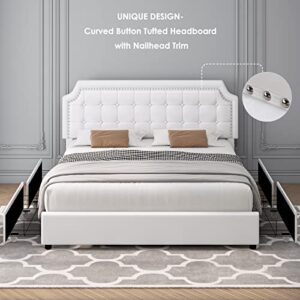 Keyluv Upholstered Queen Bed Frame with 4 Storage Drawers, Platform Bed with Curved Button Tufted Headboard with Nailhead Trim, Solid Wooden Slats Support, No Box Spring Needed, Off White