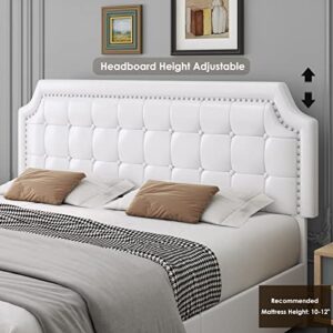 Keyluv Upholstered Queen Bed Frame with 4 Storage Drawers, Platform Bed with Curved Button Tufted Headboard with Nailhead Trim, Solid Wooden Slats Support, No Box Spring Needed, Off White