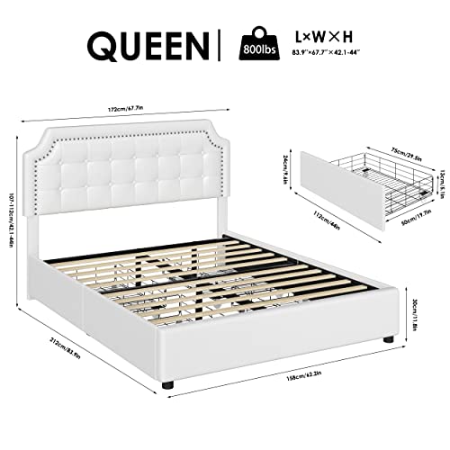 Keyluv Upholstered Queen Bed Frame with 4 Storage Drawers, Platform Bed with Curved Button Tufted Headboard with Nailhead Trim, Solid Wooden Slats Support, No Box Spring Needed, Off White