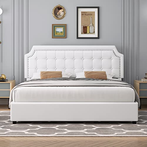 Keyluv Upholstered Queen Bed Frame with 4 Storage Drawers, Platform Bed with Curved Button Tufted Headboard with Nailhead Trim, Solid Wooden Slats Support, No Box Spring Needed, Off White