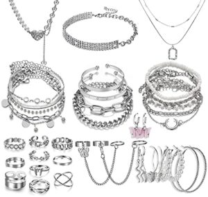17if 37 pcs 14k silver plated jewelry set for women 14 rings 4 necklace 14 bracelet and 5 pair earring, indie stackable accessories adjustable jewerly pack for teenage girl friendship gift
