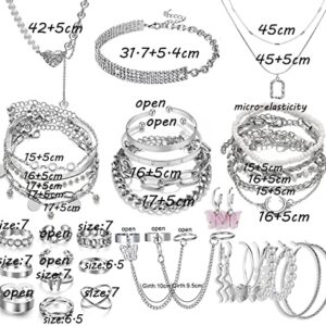 17IF 37 Pcs 14K Silver Plated Jewelry Set for Women 14 Rings 4 Necklace 14 Bracelet and 5 Pair Earring, Indie Stackable Accessories Adjustable Jewerly Pack for Teenage Girl Friendship Gift