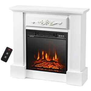 costway 32 inch electric fireplace with mantel, 1400w freestanding fireplace heater w/remote control & adjustable 3d flame effect, indoor fireplace mantel for living room, bedroom (white)