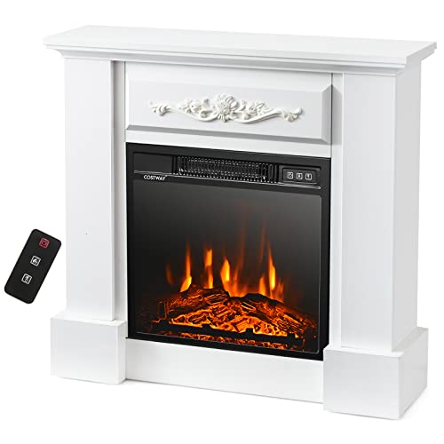 COSTWAY 32 Inch Electric Fireplace with Mantel, 1400W Freestanding Fireplace Heater w/Remote Control & Adjustable 3D Flame Effect, Indoor Fireplace Mantel for Living Room, Bedroom (White)