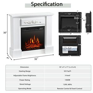 COSTWAY 32 Inch Electric Fireplace with Mantel, 1400W Freestanding Fireplace Heater w/Remote Control & Adjustable 3D Flame Effect, Indoor Fireplace Mantel for Living Room, Bedroom (White)