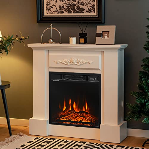 COSTWAY 32 Inch Electric Fireplace with Mantel, 1400W Freestanding Fireplace Heater w/Remote Control & Adjustable 3D Flame Effect, Indoor Fireplace Mantel for Living Room, Bedroom (White)