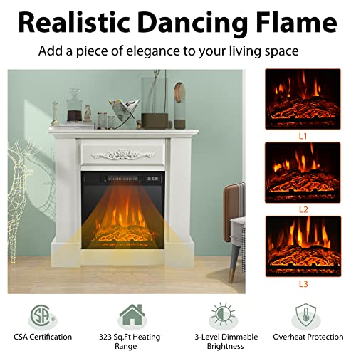 COSTWAY 32 Inch Electric Fireplace with Mantel, 1400W Freestanding Fireplace Heater w/Remote Control & Adjustable 3D Flame Effect, Indoor Fireplace Mantel for Living Room, Bedroom (White)