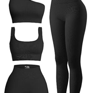 OQQ Women's 4 Piece Ribbed Exercise Scoop Neck Sports One Shoulder High Waist Legging Active Set Bra Shorts Outfit, Black, Large