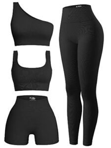 oqq women's 4 piece ribbed exercise scoop neck sports one shoulder high waist legging active set bra shorts outfit, black, medium