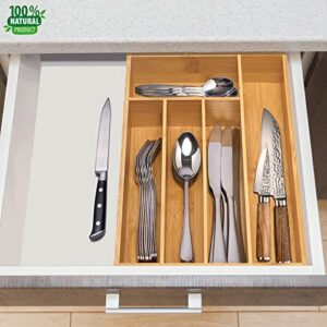 guiogc Kitchen Bamboo Silverware Drawer Organizer，Silverware Organizer and Cutlery Tray with Grooved Drawer Dividers for Silverware, Knives in Kitchen, Bedroom (5 Slot-Natural)