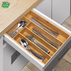 guiogc Kitchen Bamboo Silverware Drawer Organizer，Silverware Organizer and Cutlery Tray with Grooved Drawer Dividers for Silverware, Knives in Kitchen, Bedroom (5 Slot-Natural)