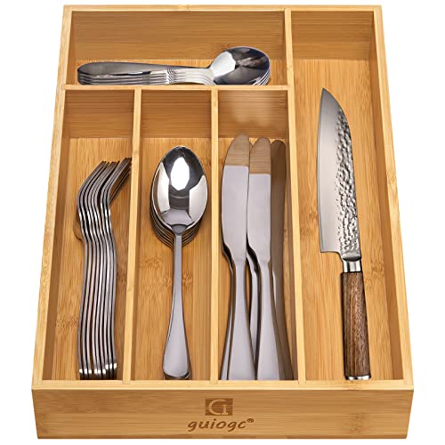guiogc Kitchen Bamboo Silverware Drawer Organizer，Silverware Organizer and Cutlery Tray with Grooved Drawer Dividers for Silverware, Knives in Kitchen, Bedroom (5 Slot-Natural)