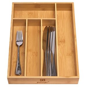 guiogc Kitchen Bamboo Silverware Drawer Organizer，Silverware Organizer and Cutlery Tray with Grooved Drawer Dividers for Silverware, Knives in Kitchen, Bedroom (5 Slot-Natural)