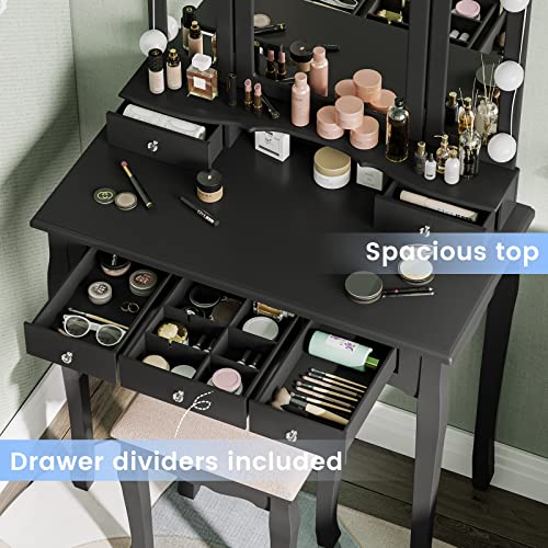 Tiptiper Vanity Desk, Makeup Vanity with Lighted Tri-fold Mirror and Stool, Vanity Set with 5 Drawers, 3 Light Settings & Adjustable Brightness, Black