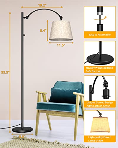 Floor Lamp for Living Room，Modern Lamp with Rotary Switch, Adjustable Tall Standing Reading Lamp with Hanging Linen Shade for Bedroom, Office, Black（3 Color Temperatures Bulb Included ）