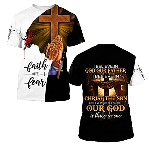 Jesus Faith Over Fear I Believe in God Our Father T-Shirt Jesus God Christian Cross Tee Shirt for Men