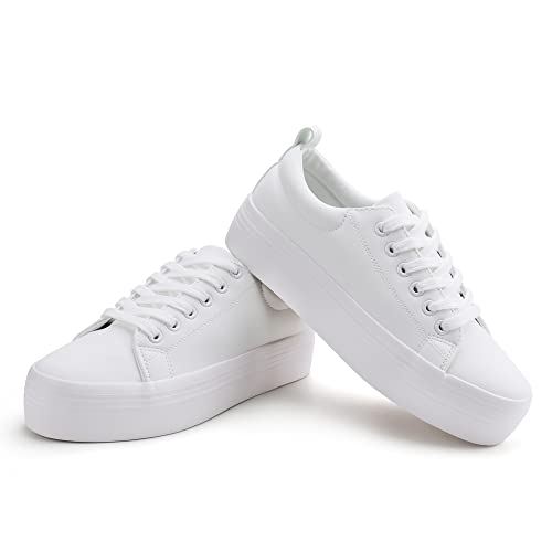 JABASIC Women Lace Up Platform Sneakers Comfortable Casual Fashion Sneaker Walking Shoes (11,White)