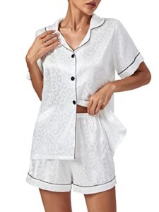 vrtige women's silk satin pajamas leopard print button down short sleeve and shorts pj sets white small