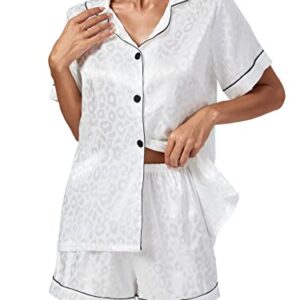 Vrtige Women's Silk Satin Pajamas Leopard Print Button Down Short Sleeve and Shorts Pj Sets White Small