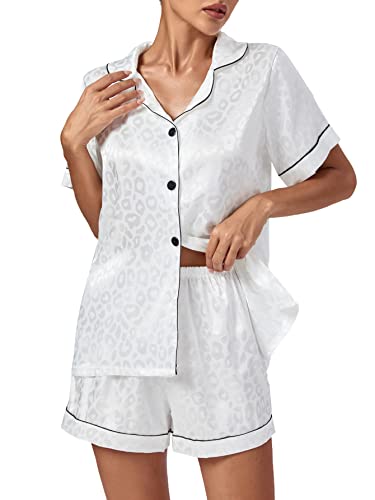 Vrtige Women's Silk Satin Pajamas Leopard Print Button Down Short Sleeve and Shorts Pj Sets White Small