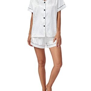 Vrtige Women's Silk Satin Pajamas Leopard Print Button Down Short Sleeve and Shorts Pj Sets White Small