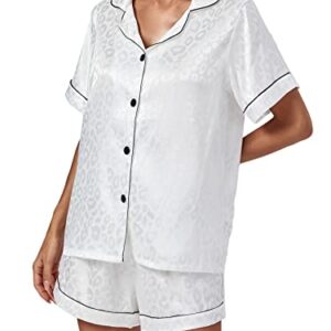 Vrtige Women's Silk Satin Pajamas Leopard Print Button Down Short Sleeve and Shorts Pj Sets White Small