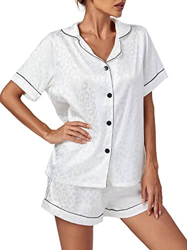 Vrtige Women's Silk Satin Pajamas Leopard Print Button Down Short Sleeve and Shorts Pj Sets White Small