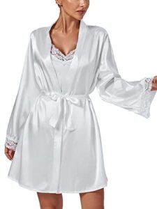 lyaner women's 3pcs sleepwear silk satin v neck lace trim cami top and shorts pajama set with robe white small
