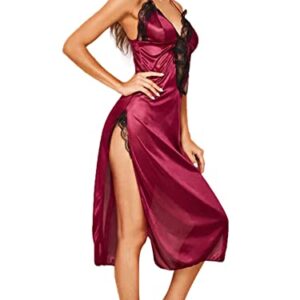 LYANER Women's Sexy Lingerie Nightgown Lace Chemise High Slit Dress Babydoll Sleepwear Wine Red Medium