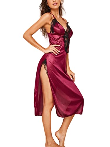 LYANER Women's Sexy Lingerie Nightgown Lace Chemise High Slit Dress Babydoll Sleepwear Wine Red Medium