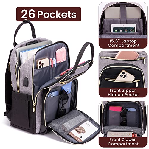 LOVEVOOK Laptop Backpack for Women men, Fits 15.6 Inch Laptop Bag, Fashion Travel Work Anti-theft Bag, Business Computer Waterproof Backpack Purse, University Backpacks, Grey-Black-Balck