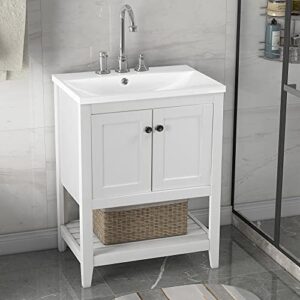 p purlove 24" bathroom vanity with sink, bathroom storage cabinet with doors and open shelf, modern wood cabinet basin vessel sink set,solid wood frame, ceramic sink, white
