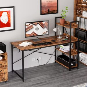 IRONCK Computer Desk 47" with Power Outlet & Storage Shelves, Study Writing Table with USB Ports Charging Station, PC Desk Workstation for Home Office, Rustic Brown