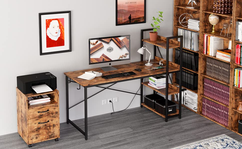 IRONCK Computer Desk 47" with Power Outlet & Storage Shelves, Study Writing Table with USB Ports Charging Station, PC Desk Workstation for Home Office, Rustic Brown