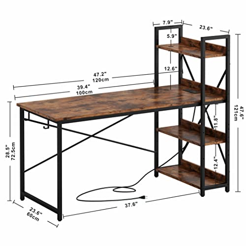 IRONCK Computer Desk 47" with Power Outlet & Storage Shelves, Study Writing Table with USB Ports Charging Station, PC Desk Workstation for Home Office, Rustic Brown