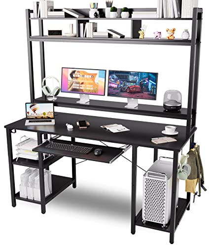 Computer Desk with Hutch Bookshelves, Storage Shelves, Keyboard Tray, Home Office Study Work Desk 53 inch Width, 70 inch High