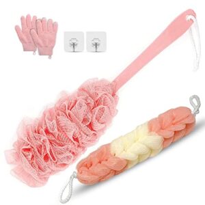 back scrubber for shower, long handle back loofah shower brush, soft nylon mesh back cleaner washer, loofah on a stick for men women, loofah sponge exfoliating body scrubber for skin care