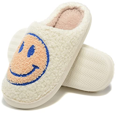 Retro Fuzzy Face Slippers for Women Men, Retro Soft Fluffy Warm Home Non-Slip Couple Style Casual Smiley Face Slippers Indoor Outdoor Anti-Skid Warm Cozy Foam Slide Fuzzy Slides with Soft Memory Foam Shoes