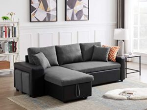 ubgo upholstery living room furniture sets,modular sleeper, l-shaped, reversible bed,sectional sofa with storage and 2 stools steel,gray, grey 3-seat chaise longue