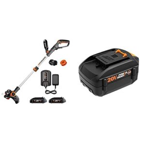 worx wg163 gt 3.0 20v powershare 12" cordless string trimmer & edger (battery & charger included) & wa3578 - powershare 20v 4.0ah, lithium ion high capacity battery, orange and black