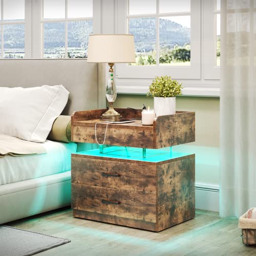 TC-HOMENY LED Nightstand with Voice-Activated Mode, End Table with Charging Station for Bedroom Furniture, Side Bed Table with 2 Drawers (Brown)