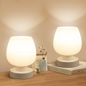 touch bedside table lamp set of 2 - small modern, 3-way dimable desk lamp with white opal glass lamp shade, 3000k led bulb, simple design home décor for bedroom living room nightstand