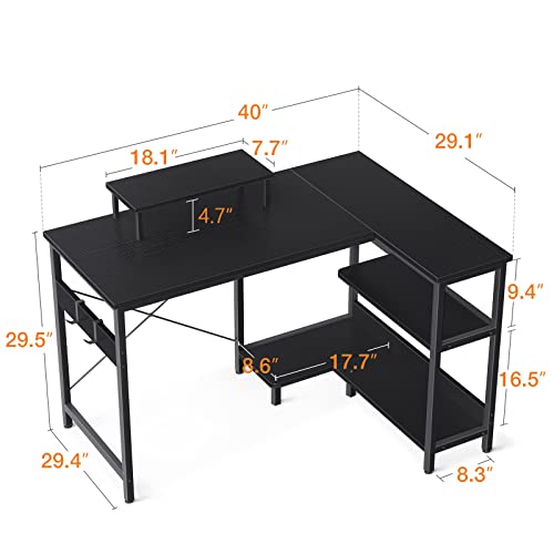 ODK Small L Shaped Computer Desk with Reversible Storage Shelves, 40 Inch L-Shaped Corner Desk with Monitor Stand for Small Space, Modern Simple Writing Study Table for Home Office Workstation, Black